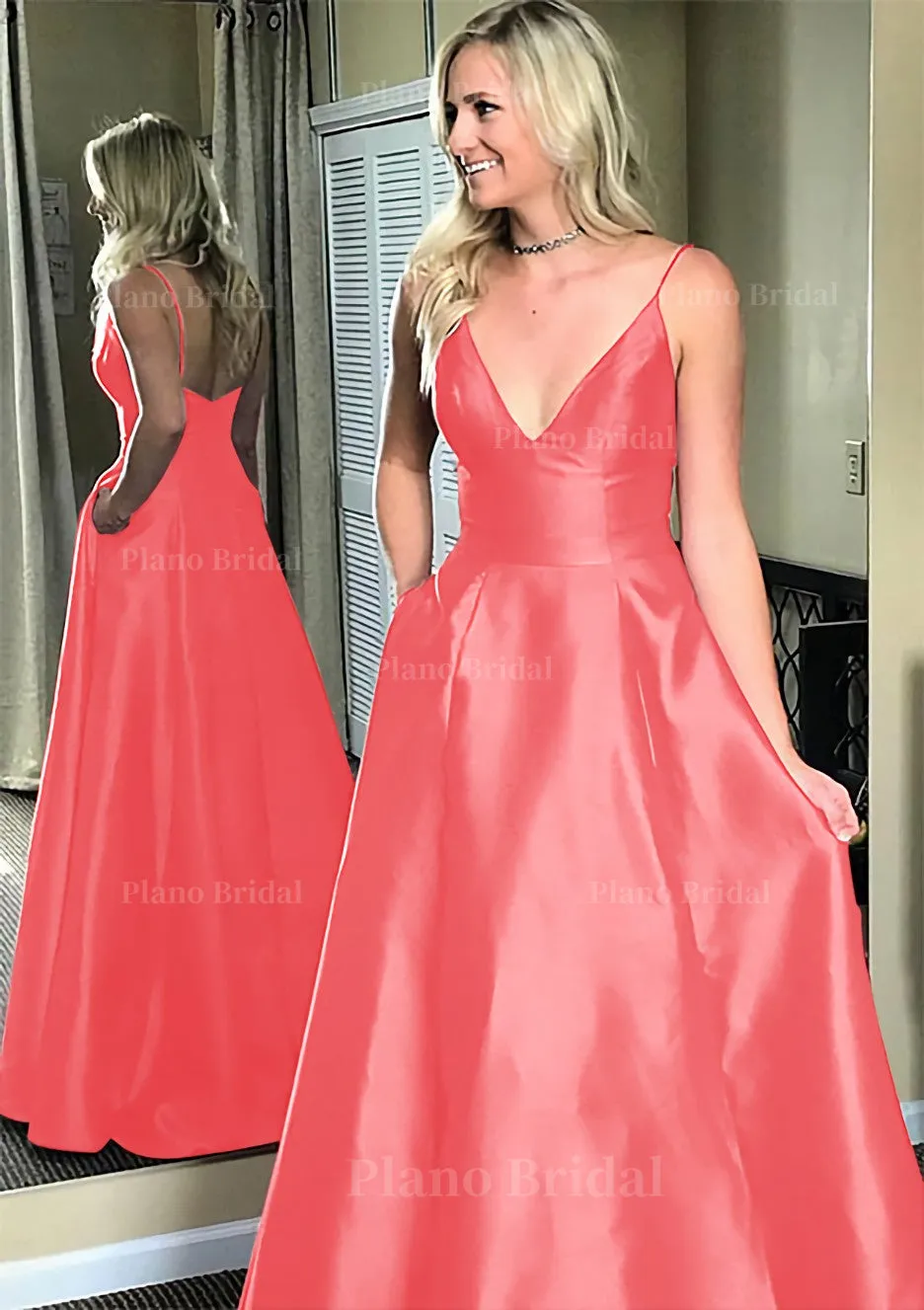 A-line/Princess V Neck Sleeveless Sweep Train Satin Prom Dresses