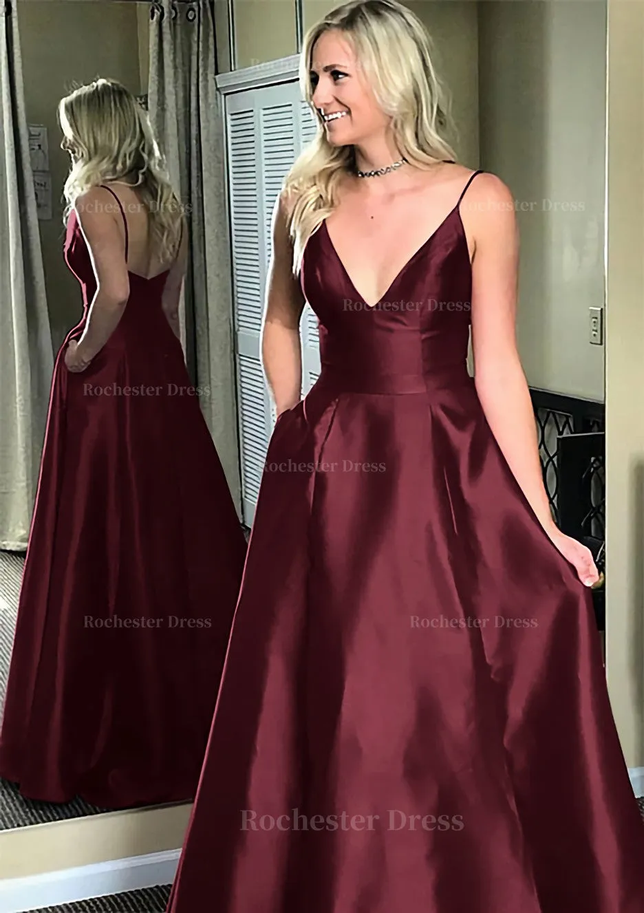 A-line/Princess V Neck Sleeveless Sweep Train Satin Prom Dresses