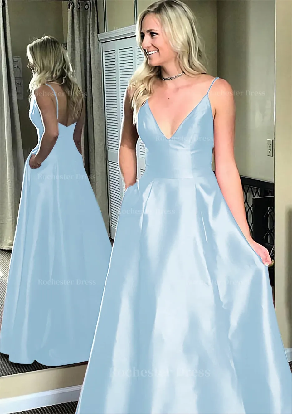 A-line/Princess V Neck Sleeveless Sweep Train Satin Prom Dresses