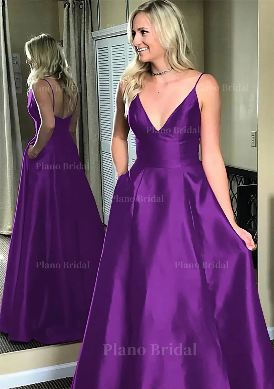 A-line/Princess V Neck Sleeveless Sweep Train Satin Prom Dresses