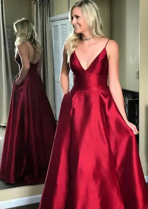 A-line/Princess V Neck Sleeveless Sweep Train Satin Prom Dresses