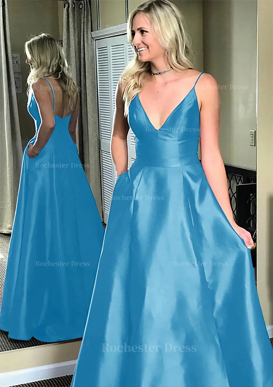 A-line/Princess V Neck Sleeveless Sweep Train Satin Prom Dresses