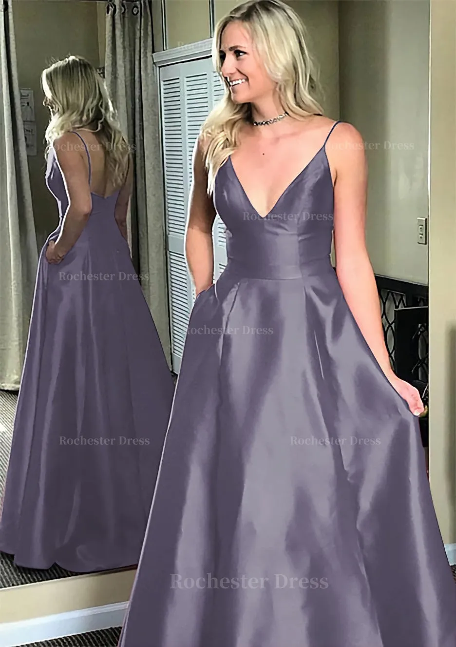 A-line/Princess V Neck Sleeveless Sweep Train Satin Prom Dresses