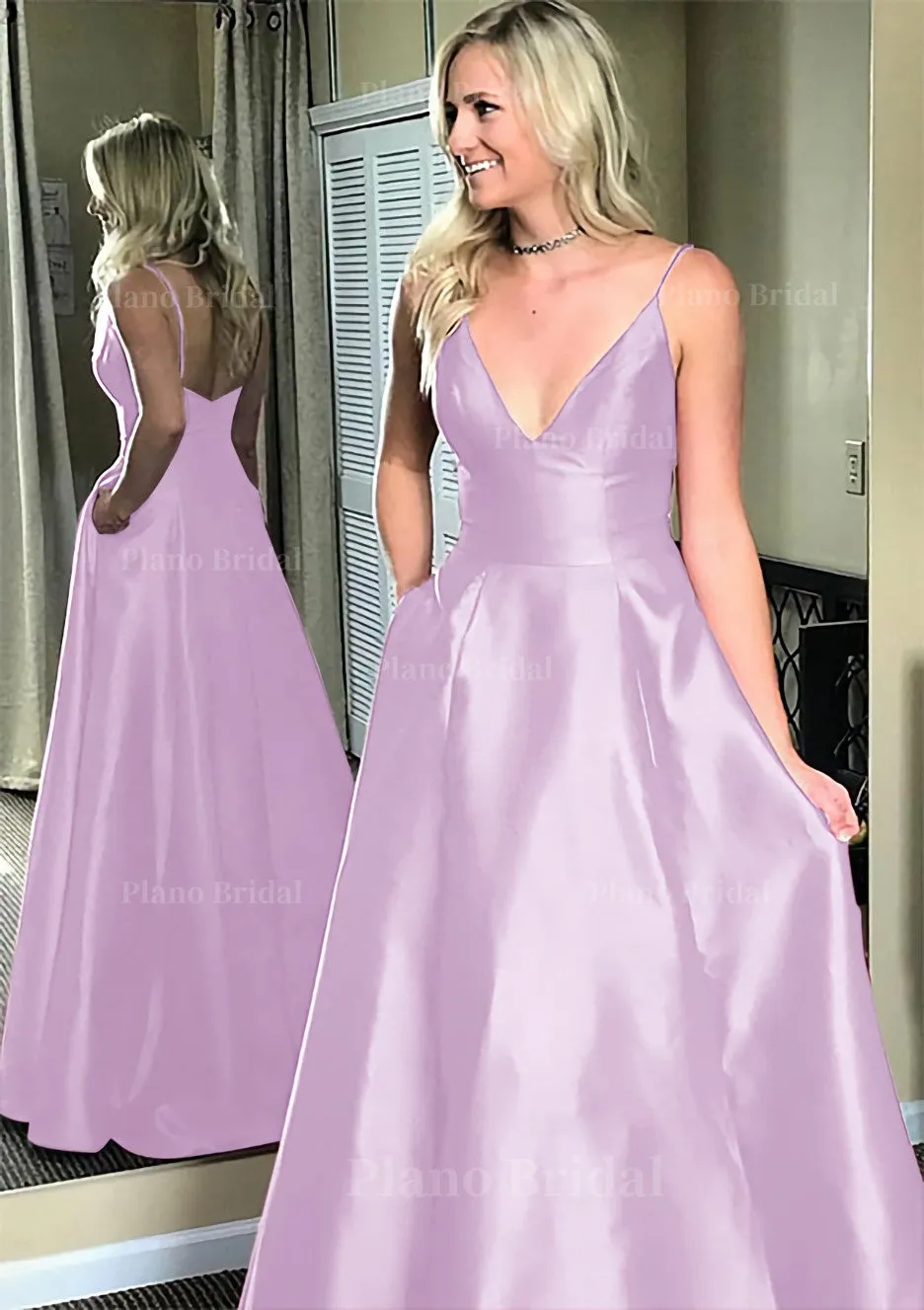 A-line/Princess V Neck Sleeveless Sweep Train Satin Prom Dresses