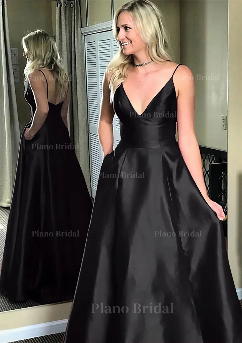 A-line/Princess V Neck Sleeveless Sweep Train Satin Prom Dresses