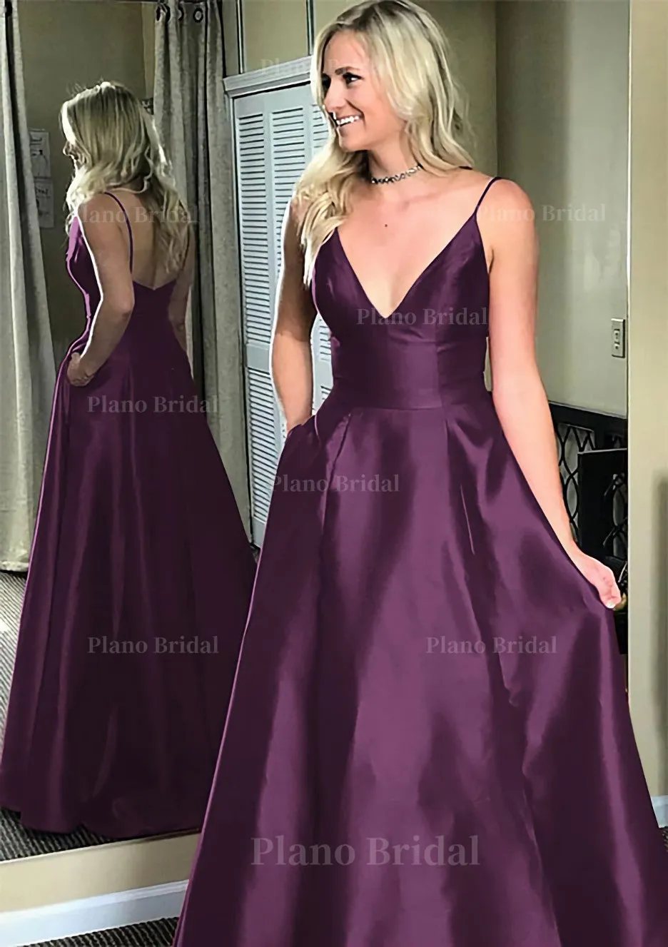 A-line/Princess V Neck Sleeveless Sweep Train Satin Prom Dresses