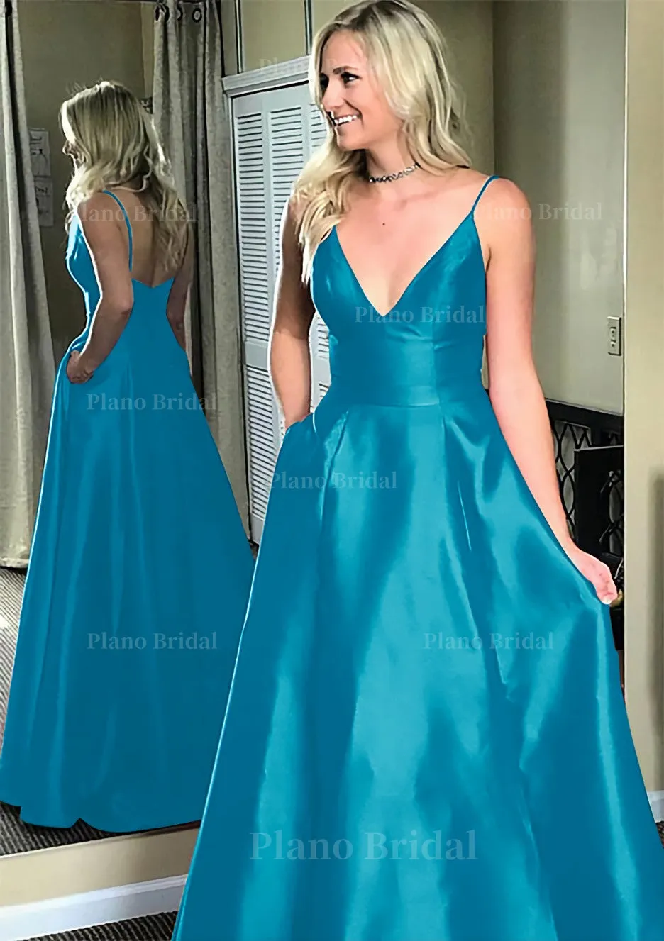 A-line/Princess V Neck Sleeveless Sweep Train Satin Prom Dresses