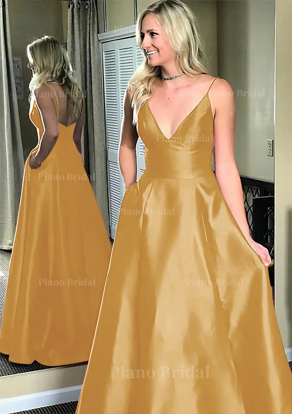 A-line/Princess V Neck Sleeveless Sweep Train Satin Prom Dresses