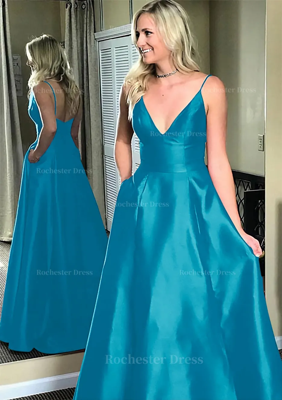 A-line/Princess V Neck Sleeveless Sweep Train Satin Prom Dresses