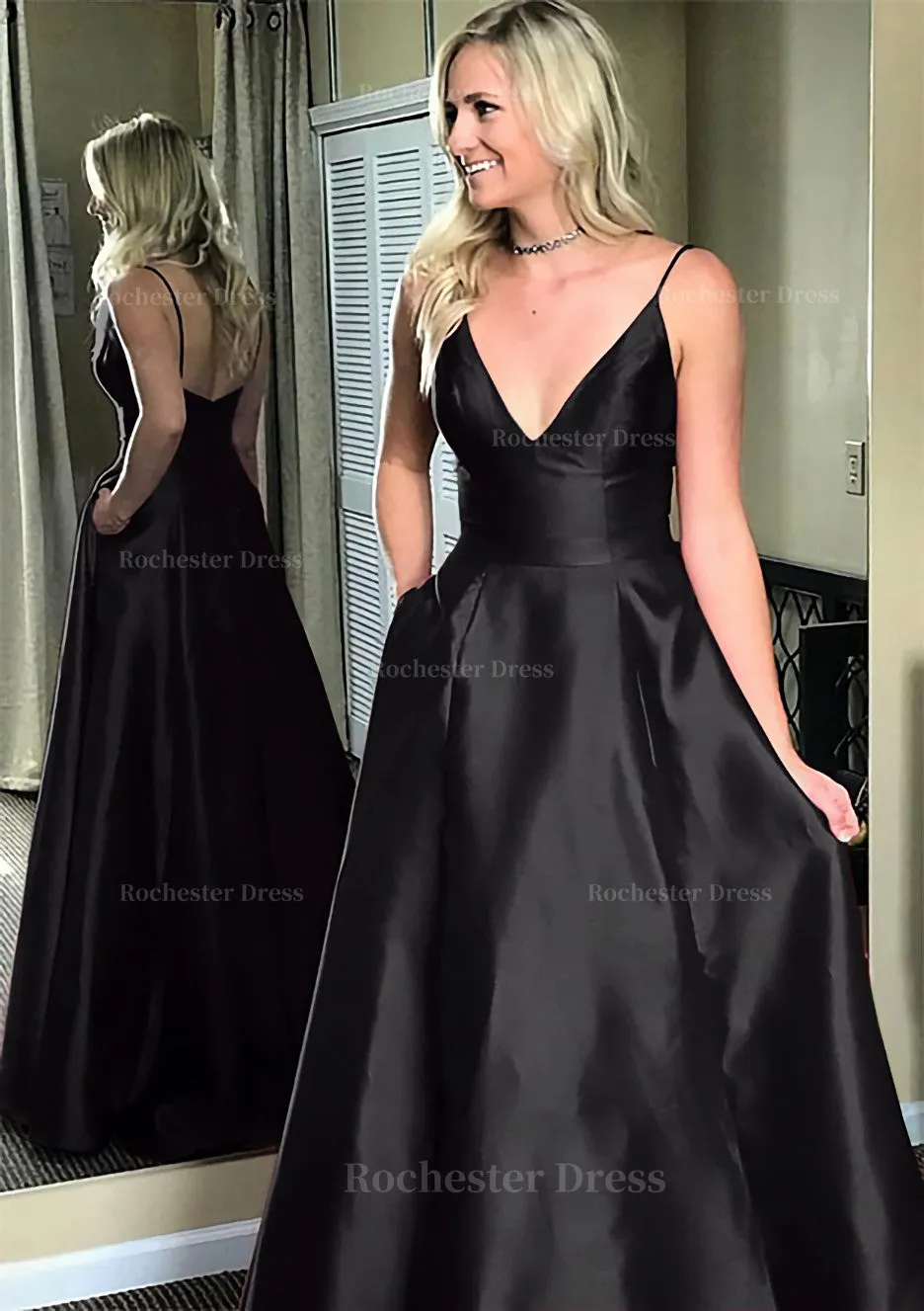 A-line/Princess V Neck Sleeveless Sweep Train Satin Prom Dresses