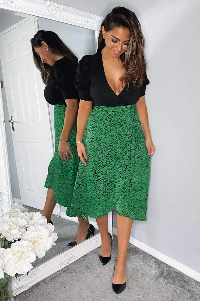 Abbie Green and Black 2 in 1 Wrap Style Midi Dress