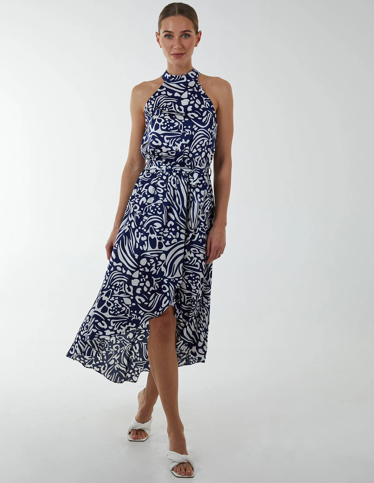 Abstract Print Halter Neck High Low Midi Wrap Dress