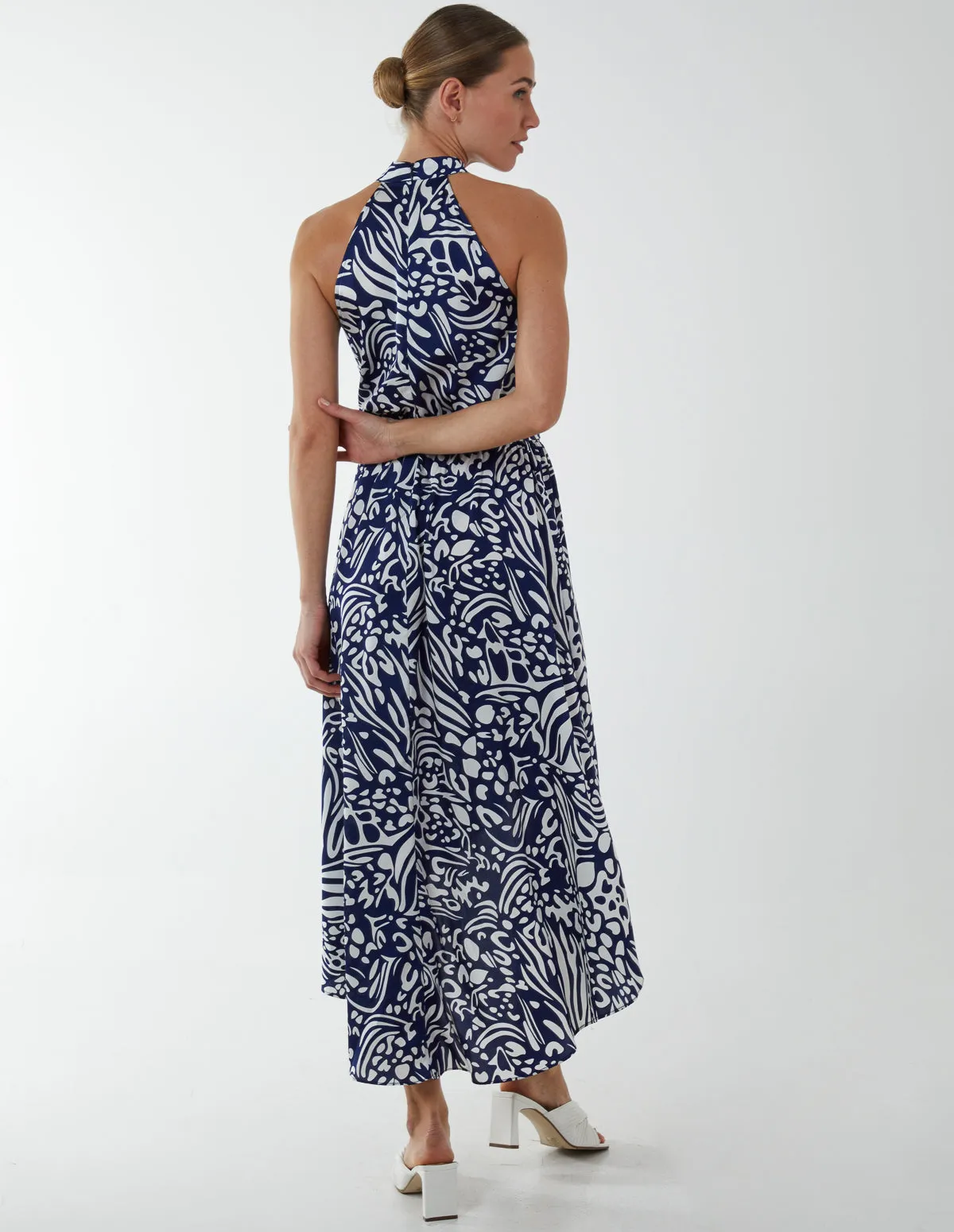 Abstract Print Halter Neck High Low Midi Wrap Dress