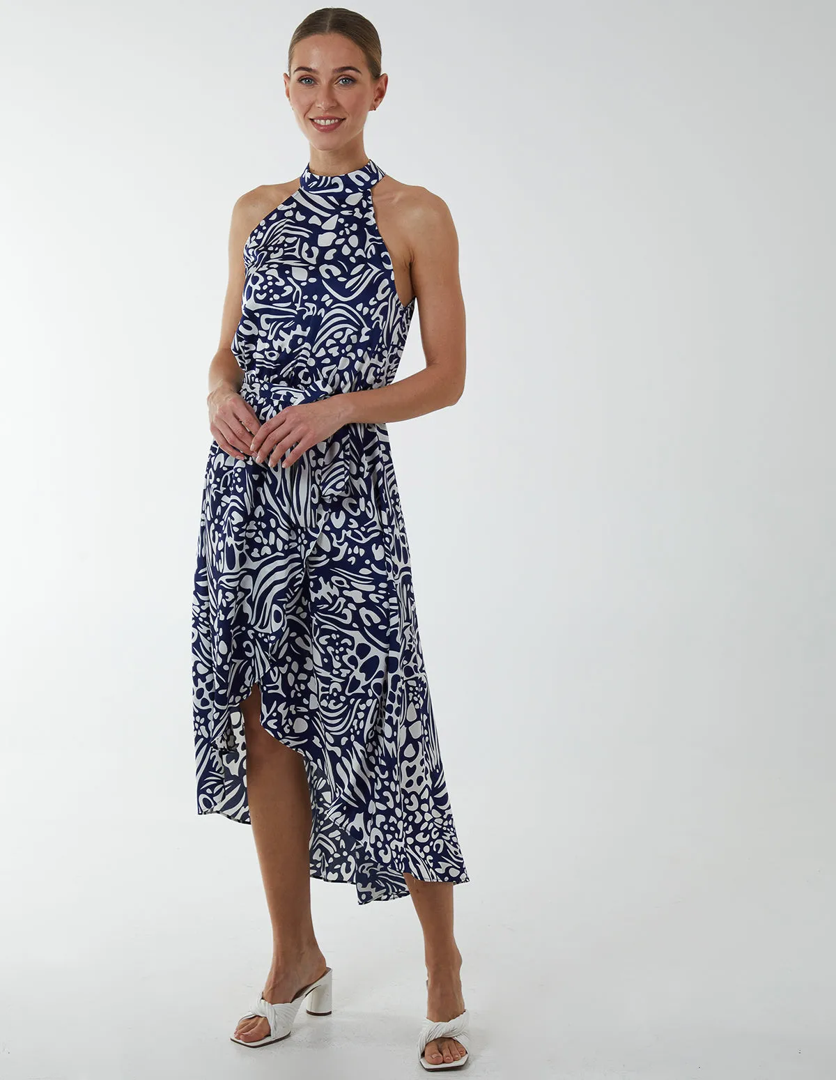 Abstract Print Halter Neck High Low Midi Wrap Dress