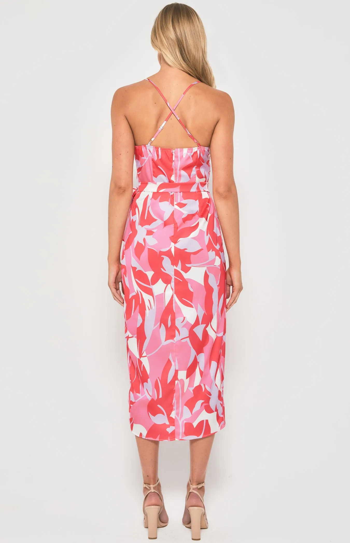 Abstract Print Satin Dress with Cross Back