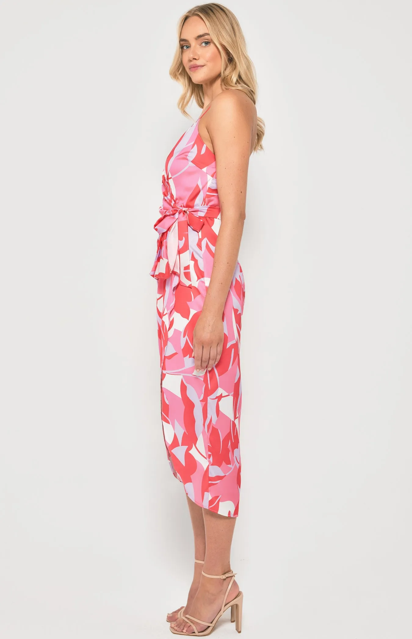 Abstract Print Satin Dress with Cross Back