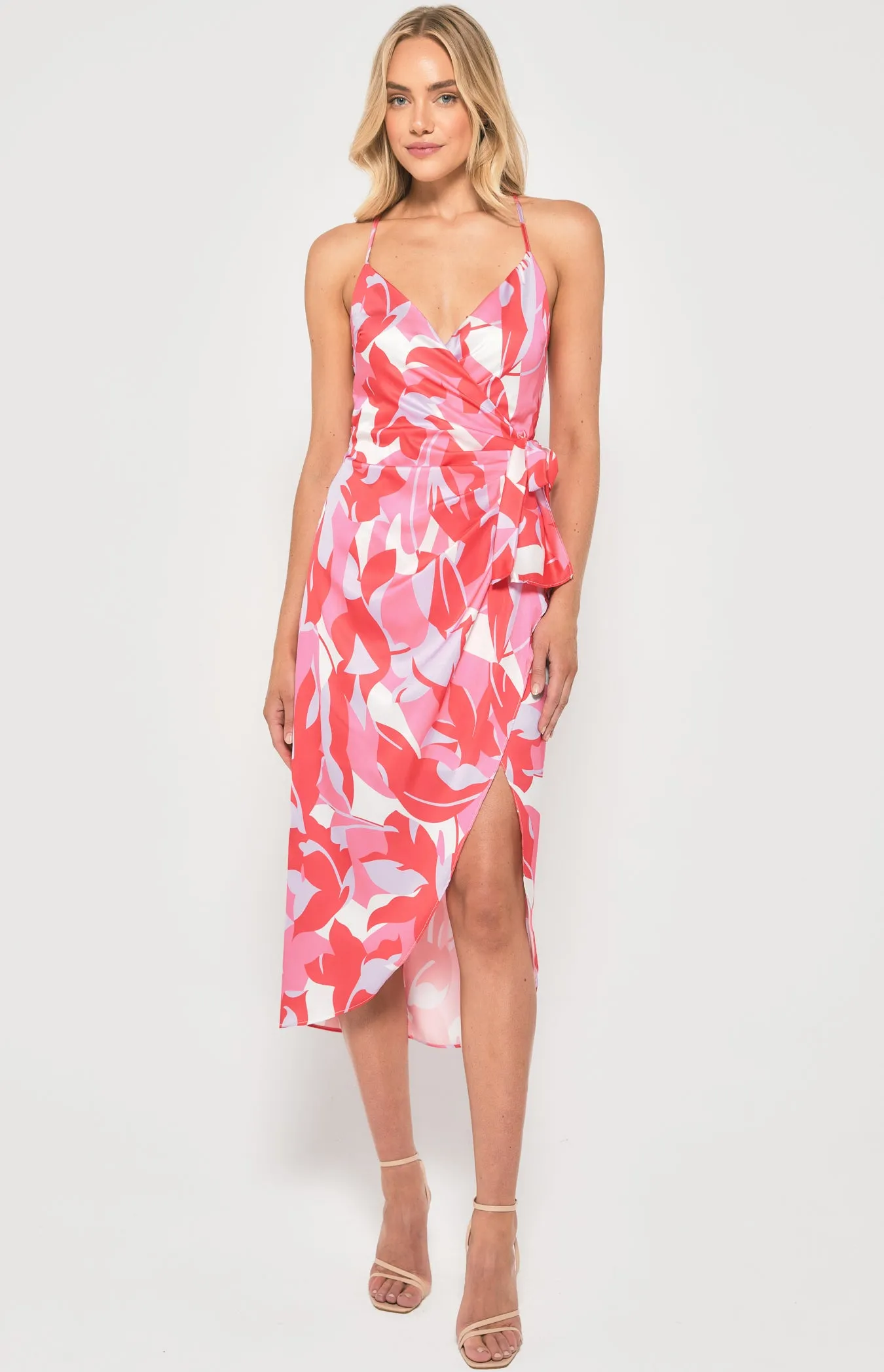 Abstract Print Satin Dress with Cross Back