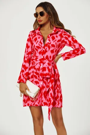 Abstract Print Shirt Mini Wrap Dress In Pink