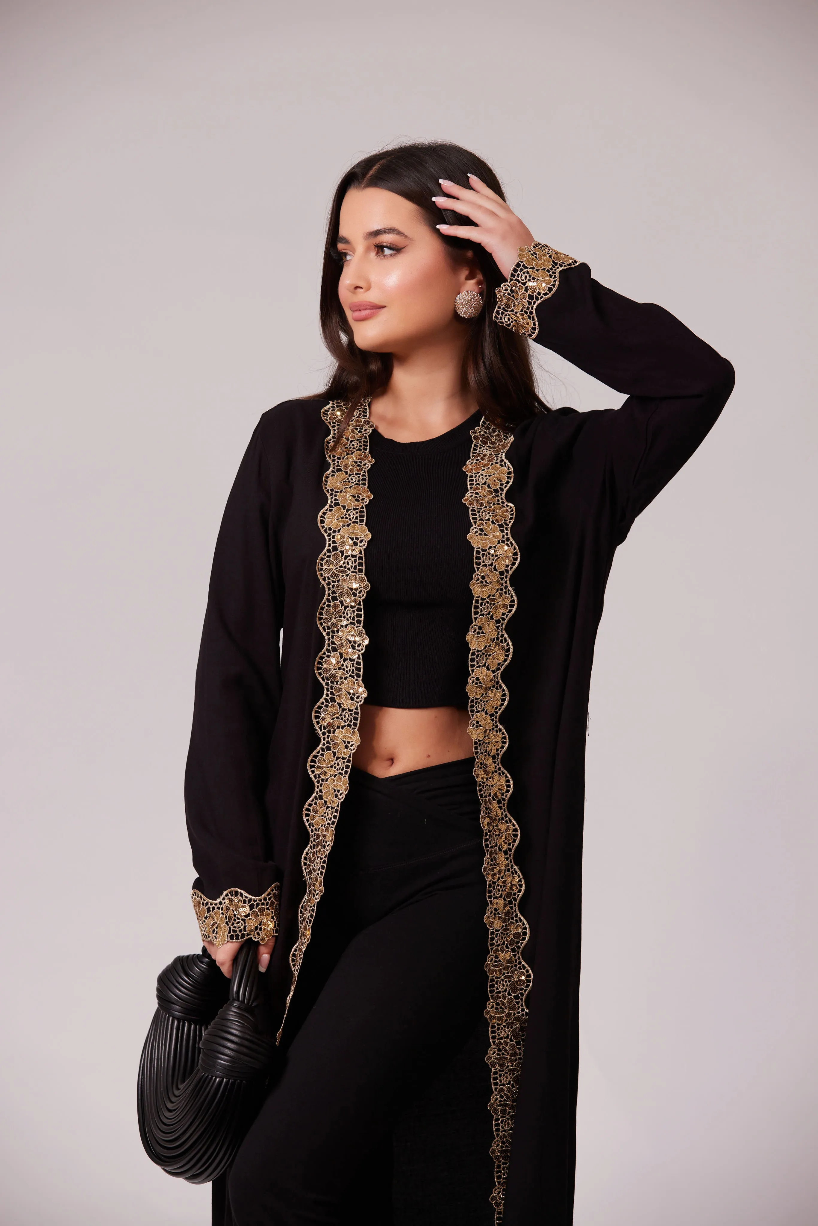 ALEEYAH BLACK  BELTED KIMONO WITH GOLD EMBROIDERY