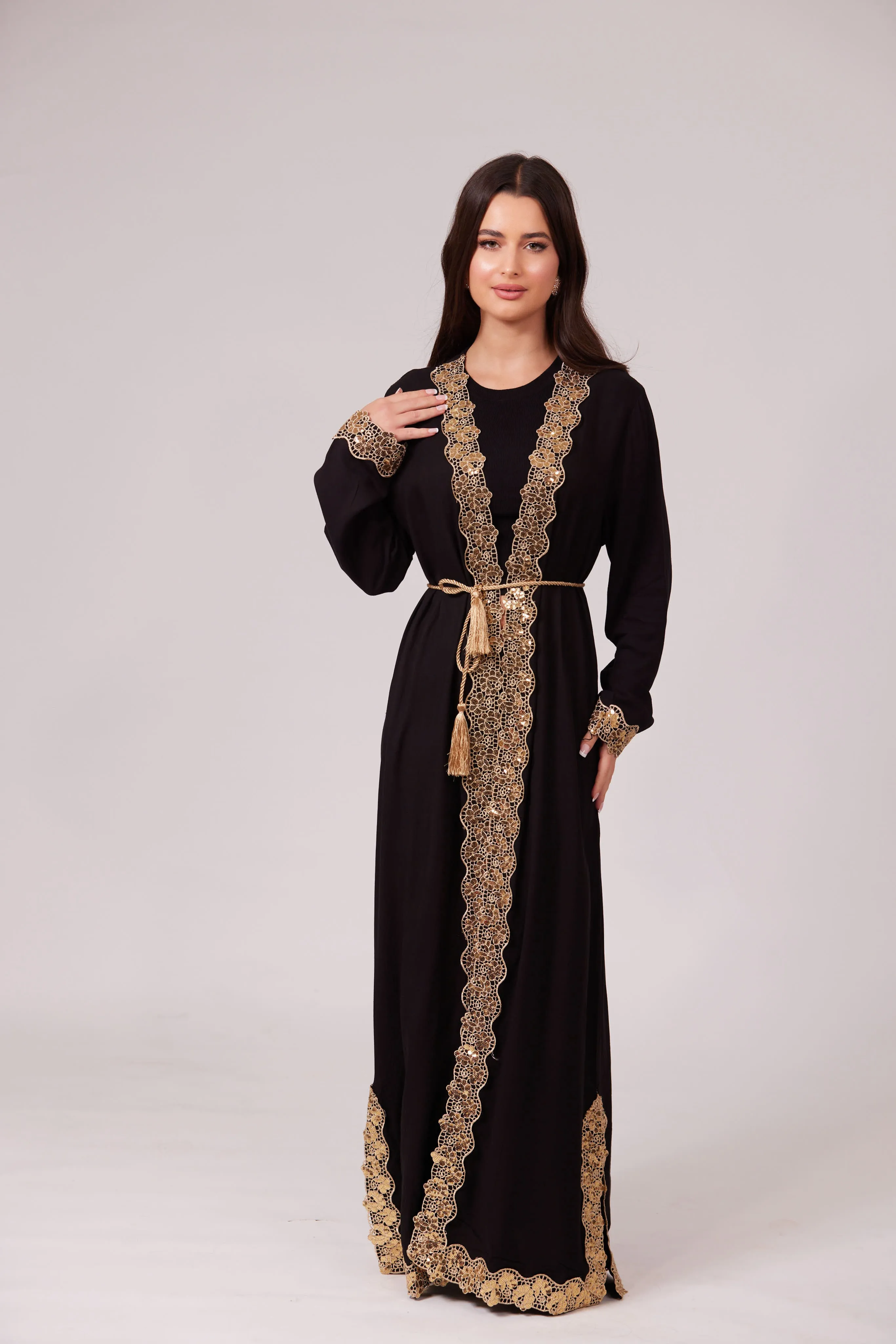 ALEEYAH BLACK  BELTED KIMONO WITH GOLD EMBROIDERY