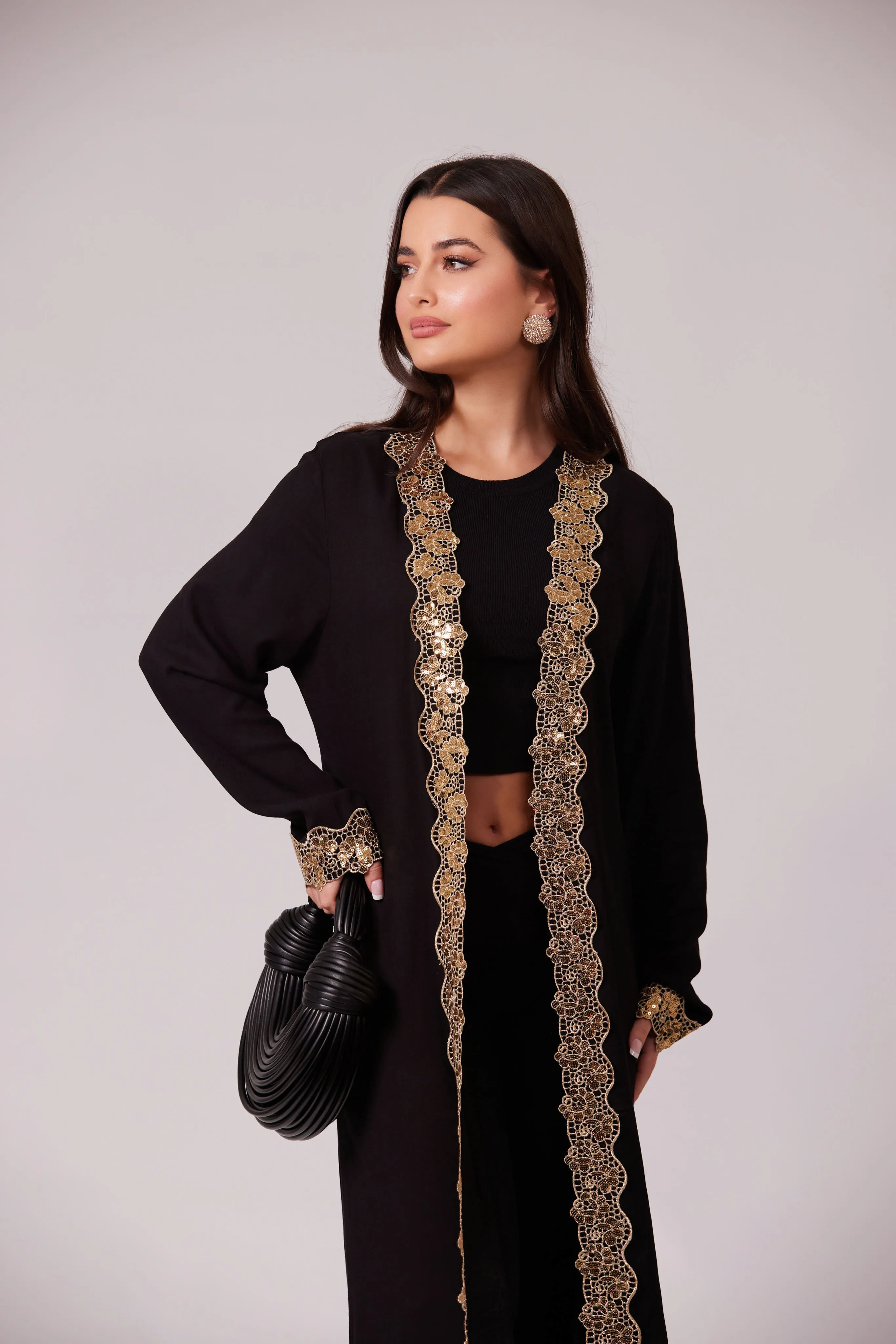 ALEEYAH BLACK  BELTED KIMONO WITH GOLD EMBROIDERY