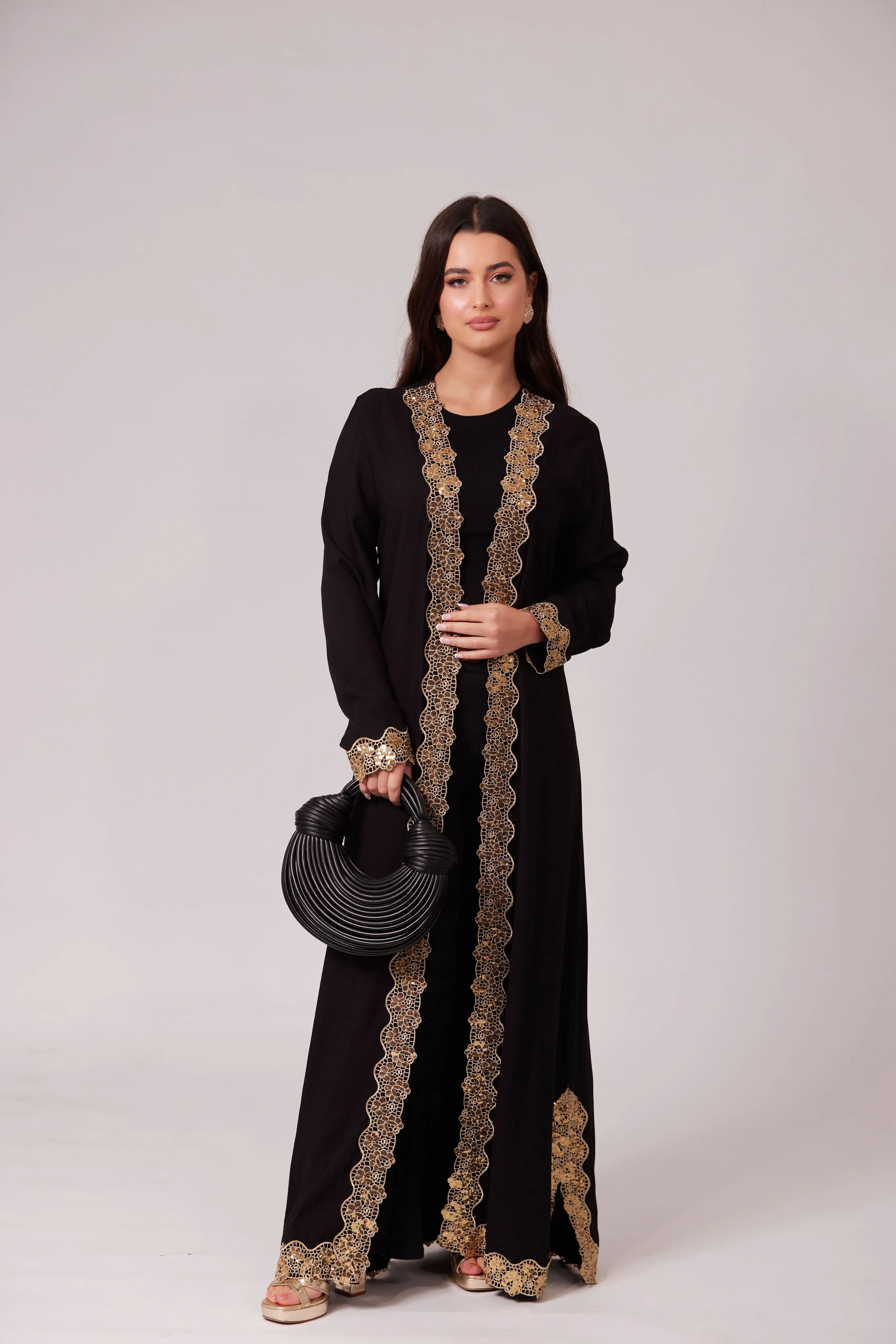 ALEEYAH BLACK  BELTED KIMONO WITH GOLD EMBROIDERY