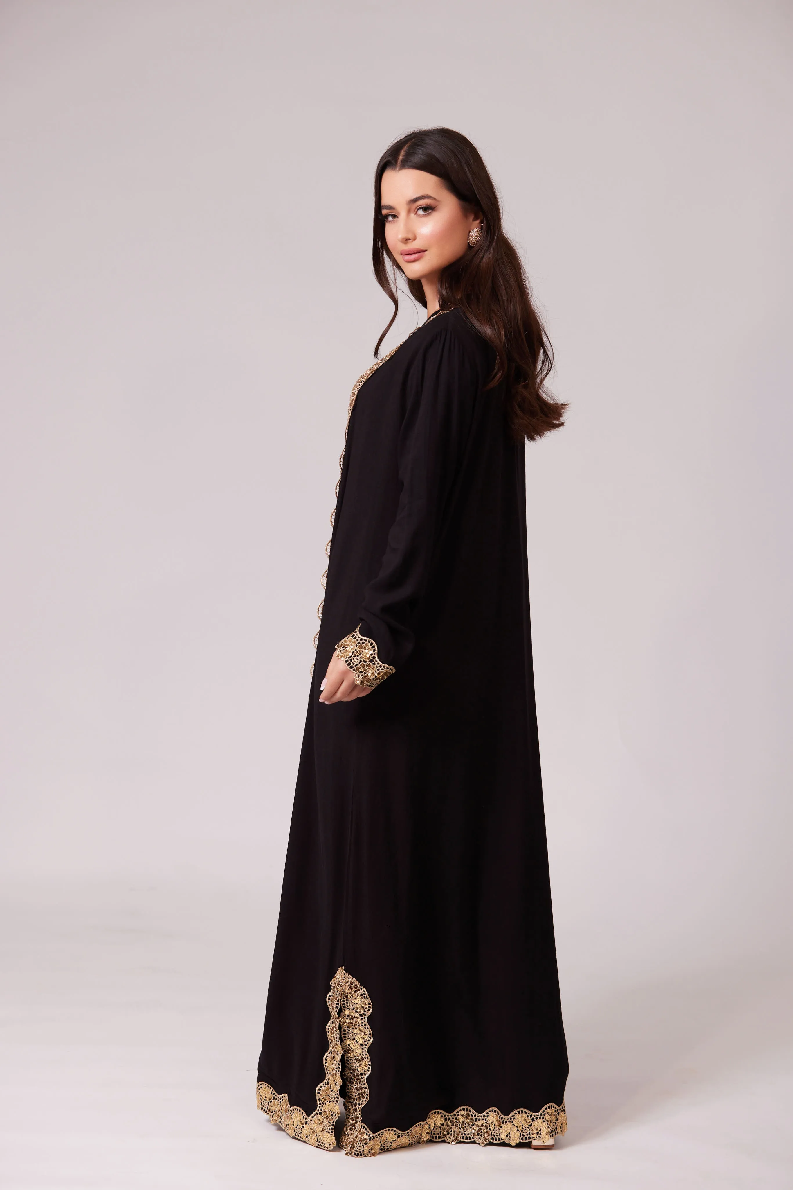 ALEEYAH BLACK  BELTED KIMONO WITH GOLD EMBROIDERY