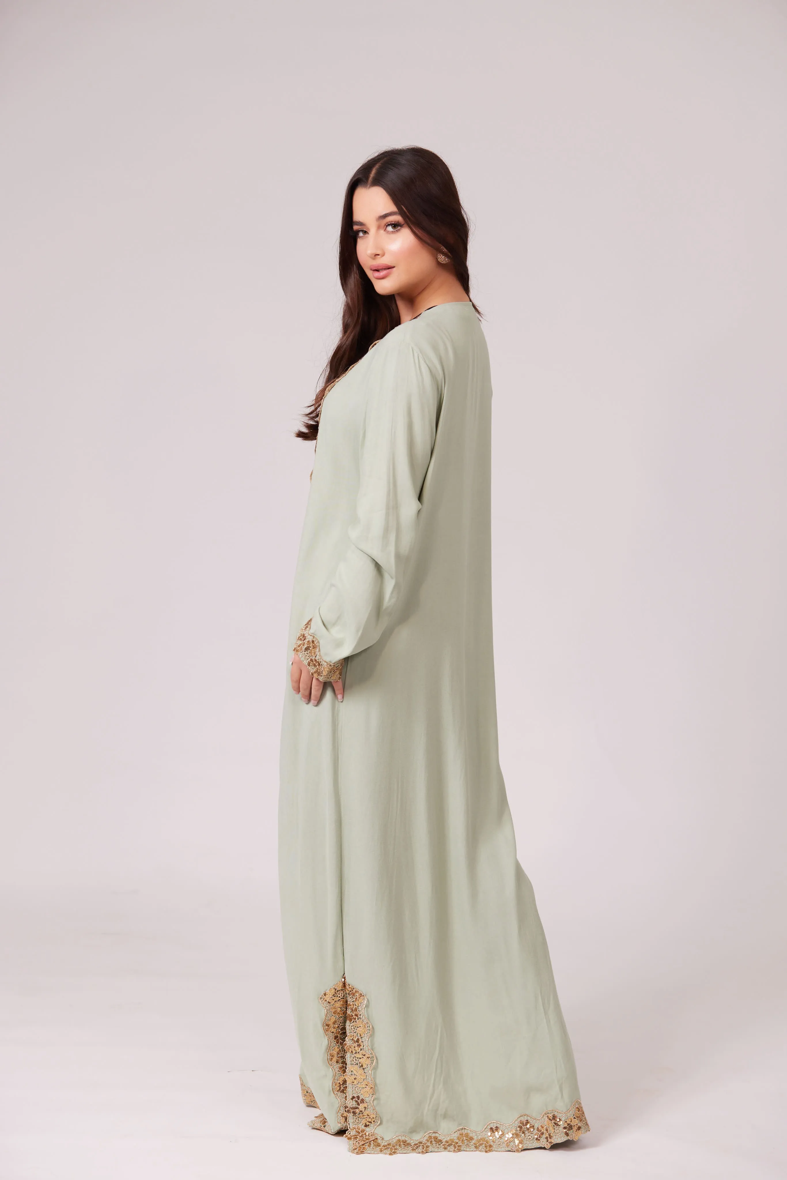 ALEEYAH MINT GREEN BELTED KIMONO WITH GOLD EMBROIDERY