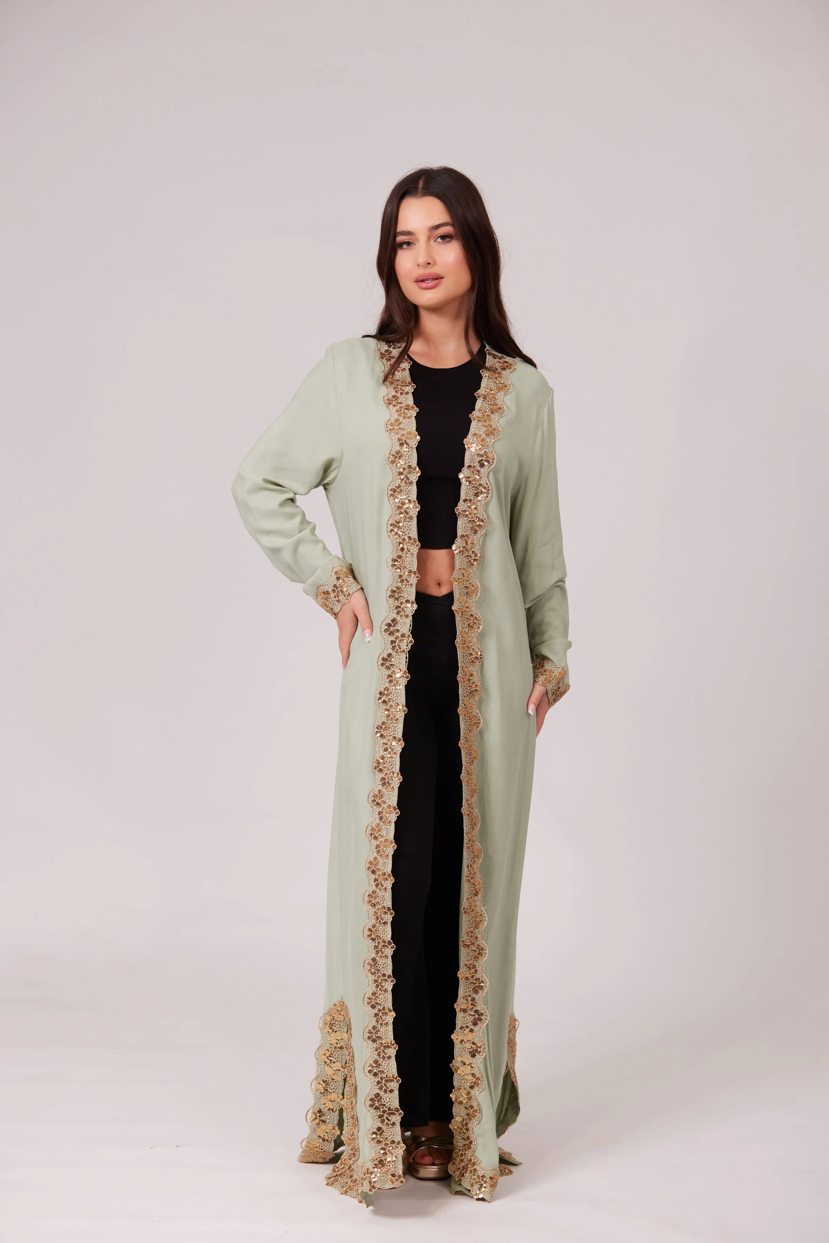 ALEEYAH MINT GREEN BELTED KIMONO WITH GOLD EMBROIDERY