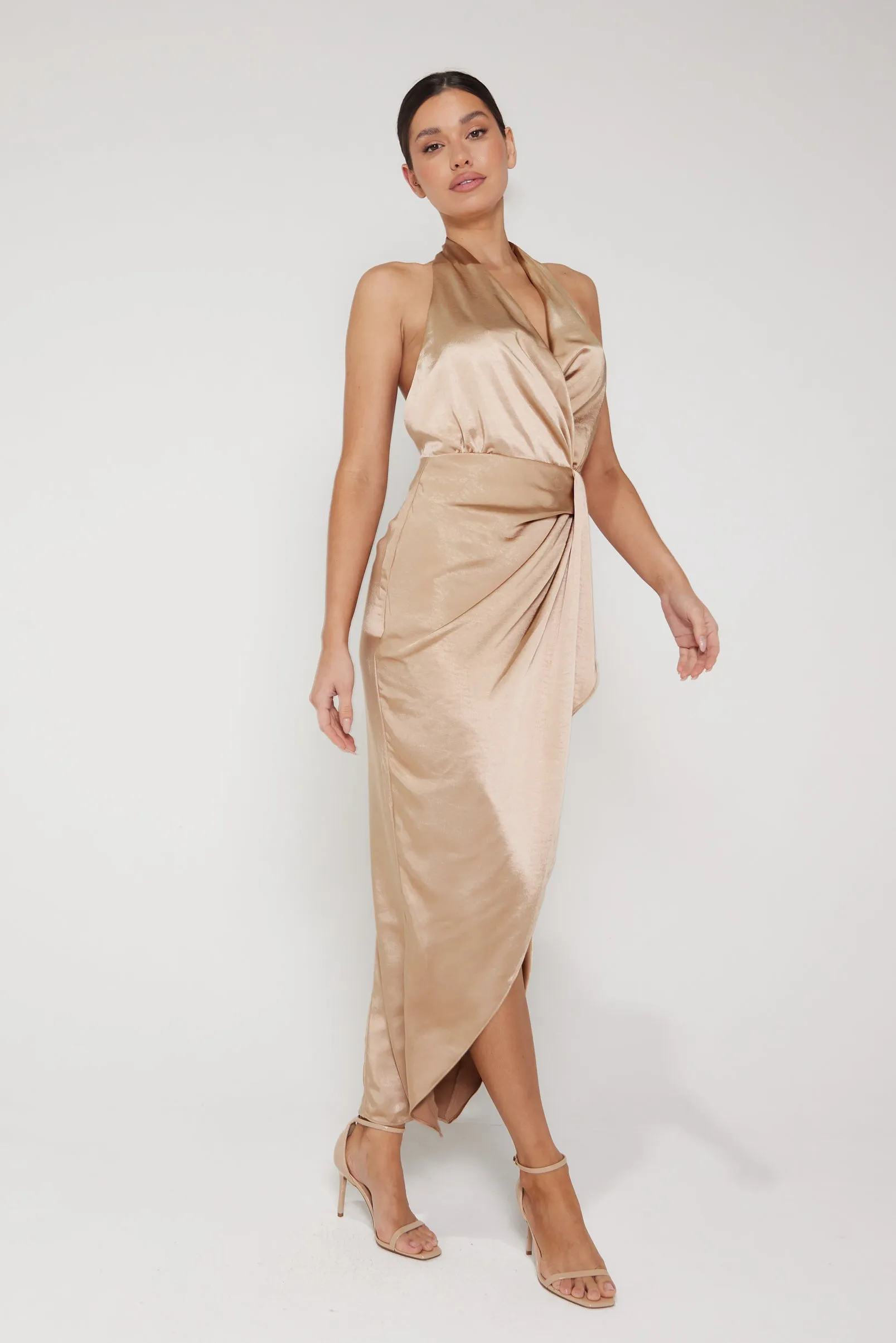 Amber Halter Neck Wrap Midi Dress - Champagne