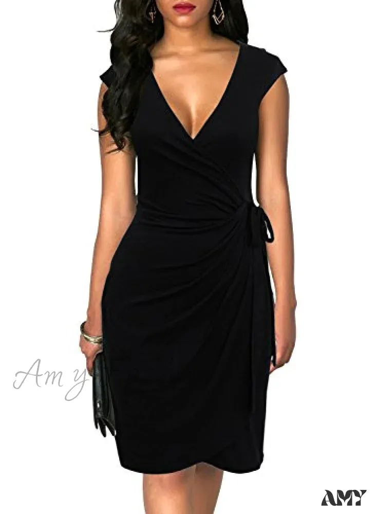 Amy Fashion - Christmas Vintage V-Neck Sheath Faux Black Wrap Dress