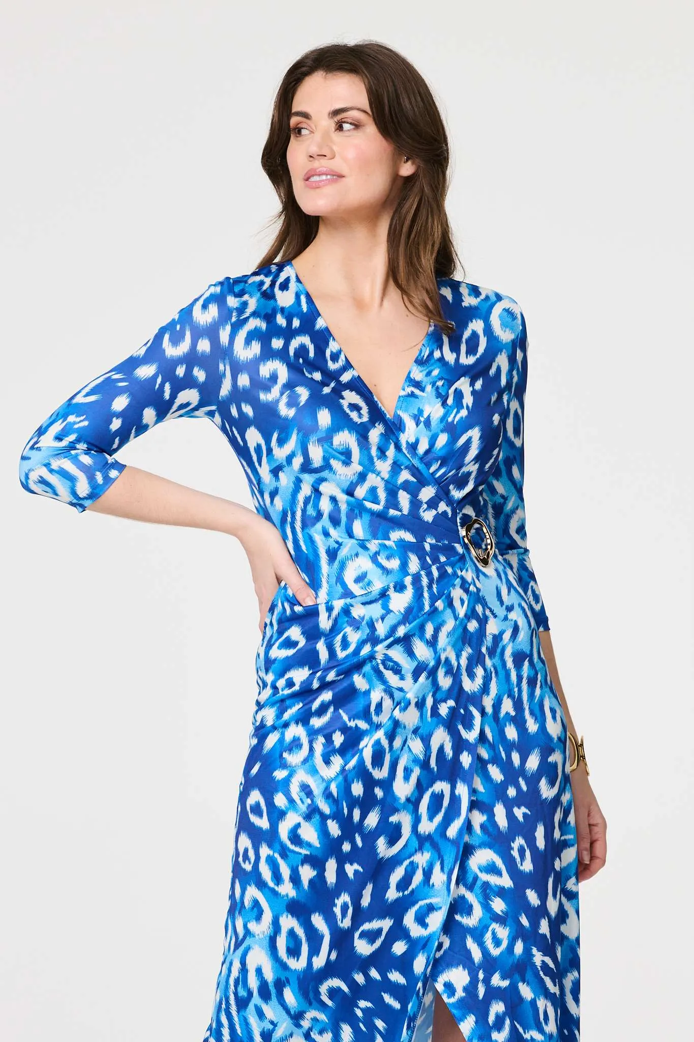 Animal Print 3/4 Sleeve Midi Wrap Dress