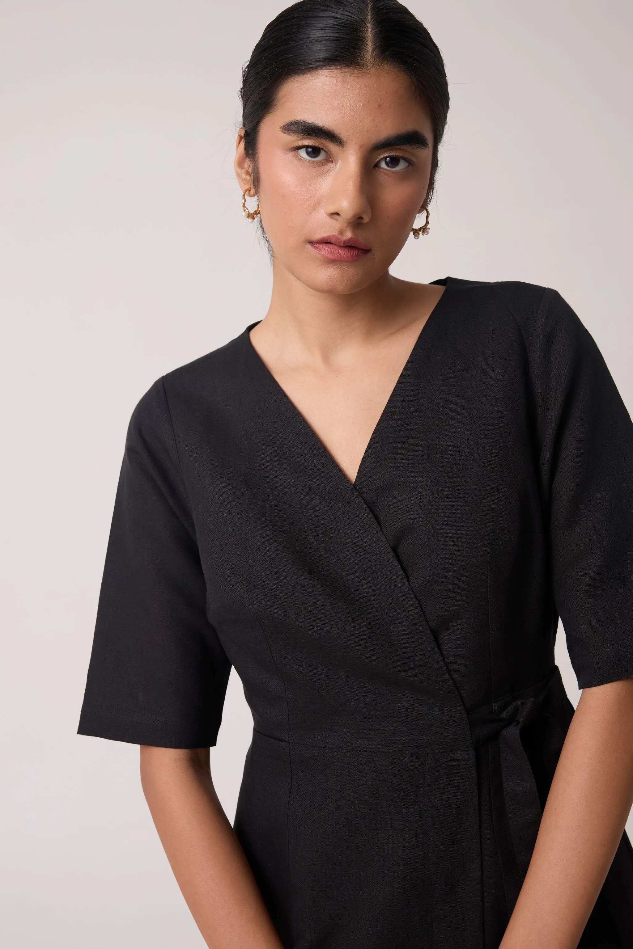 Arandi Black Wrap Dress with Sleeves