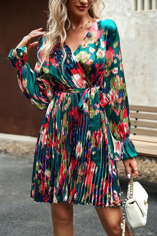 Artsy Floral V-Neck Pleated Dress