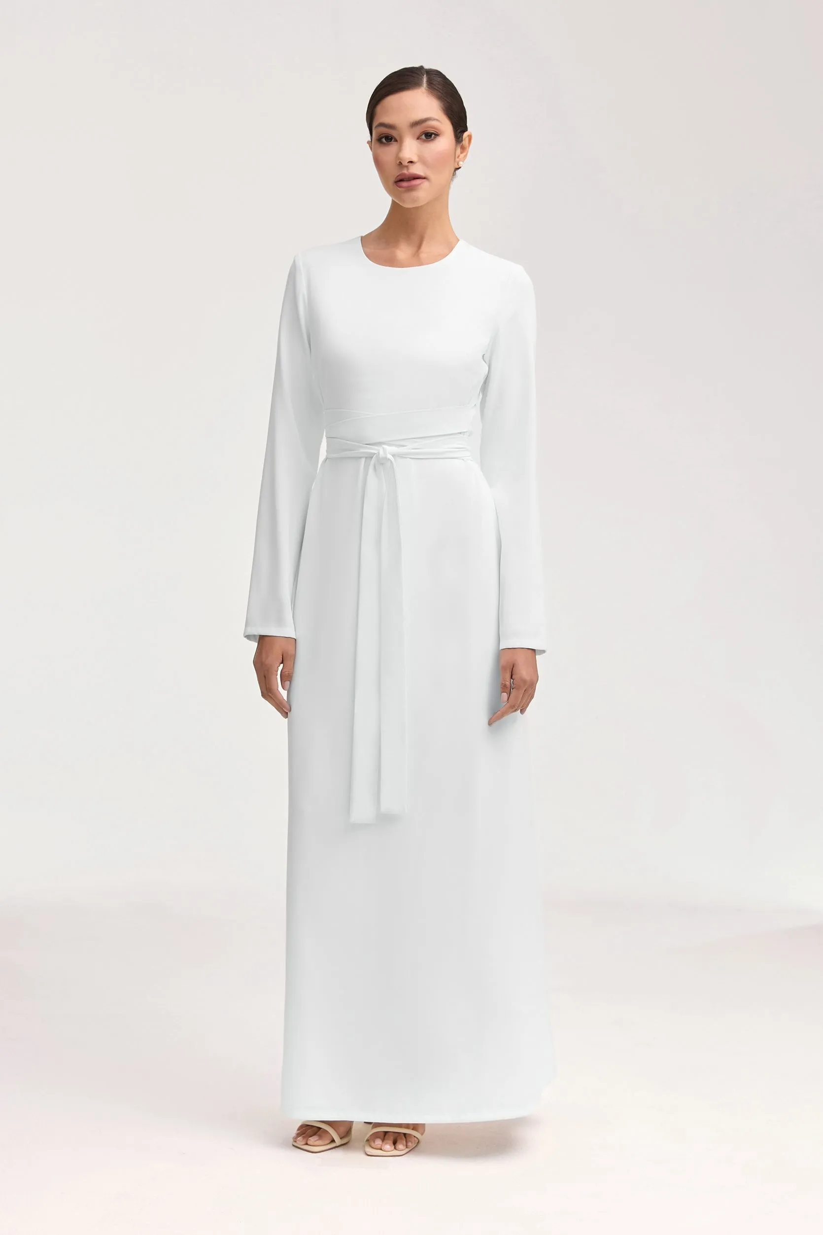 Asalah Wrap Waist Maxi Dress & Abaya Set - White