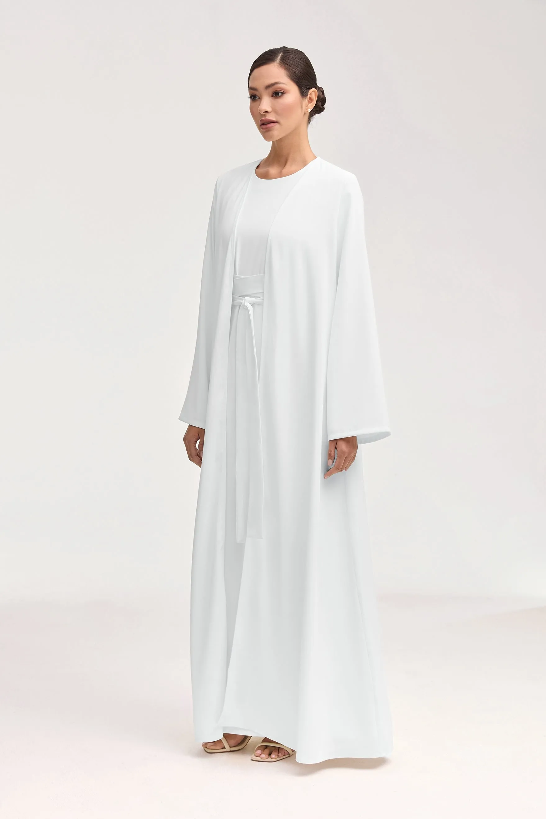 Asalah Wrap Waist Maxi Dress & Abaya Set - White