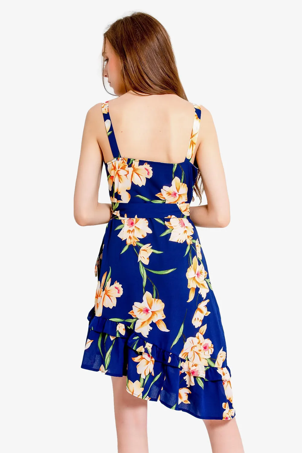 Asymmetry Ruffled Floral Print Wrap Dress