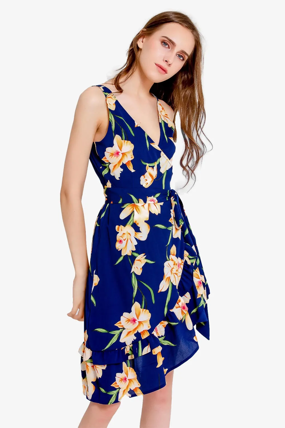 Asymmetry Ruffled Floral Print Wrap Dress