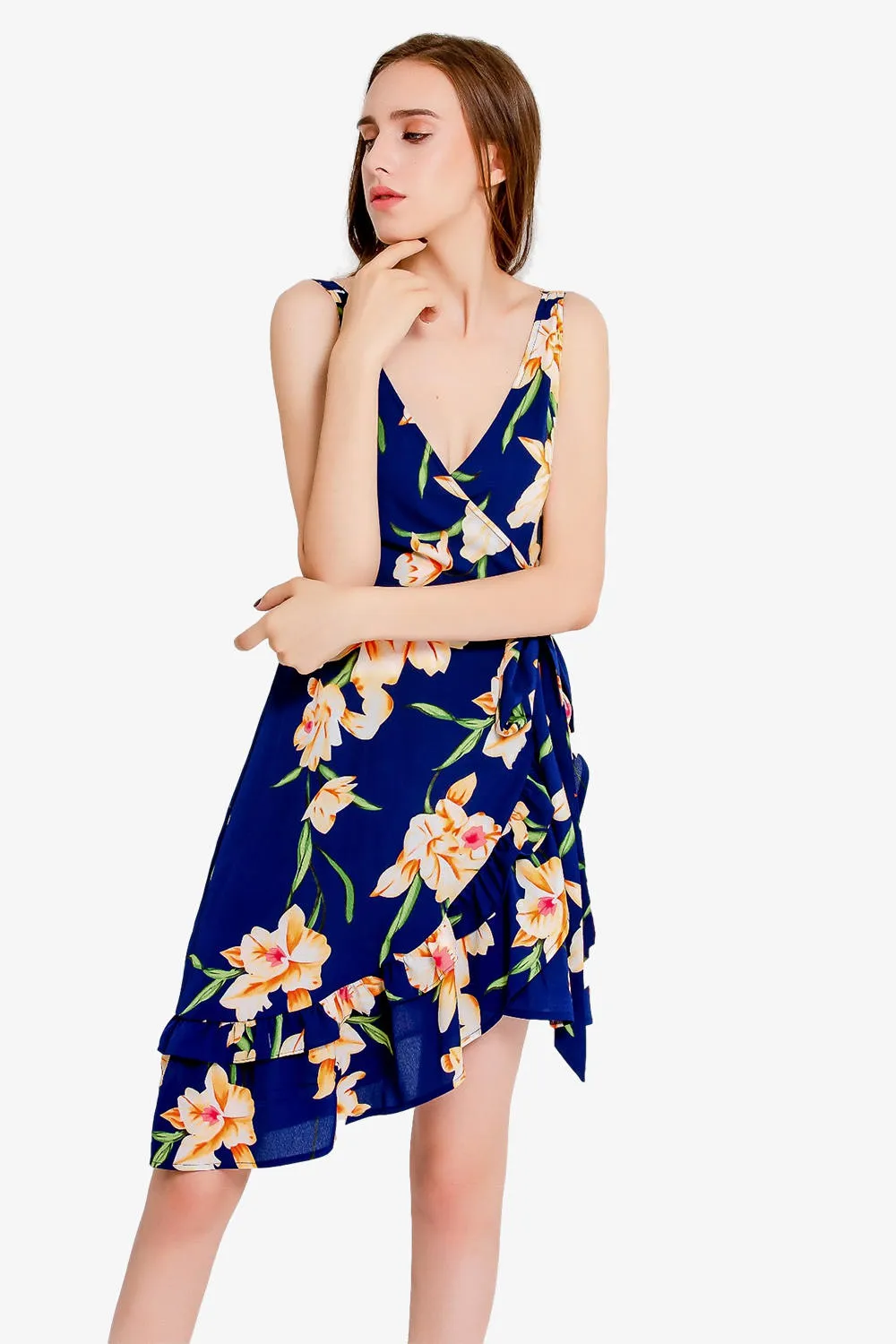 Asymmetry Ruffled Floral Print Wrap Dress