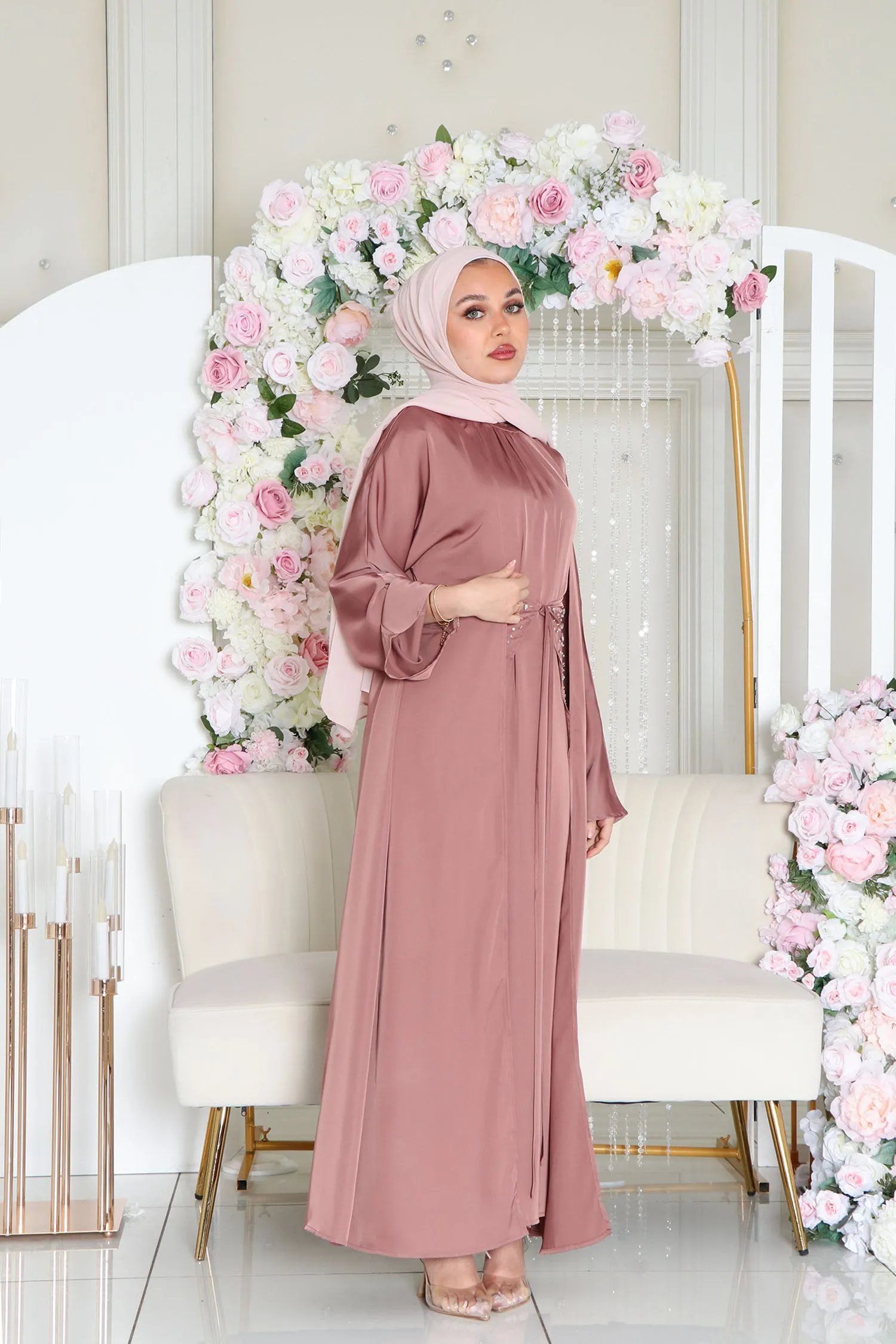 Aurora Beaded Tie Abaya Set- Nude Pink