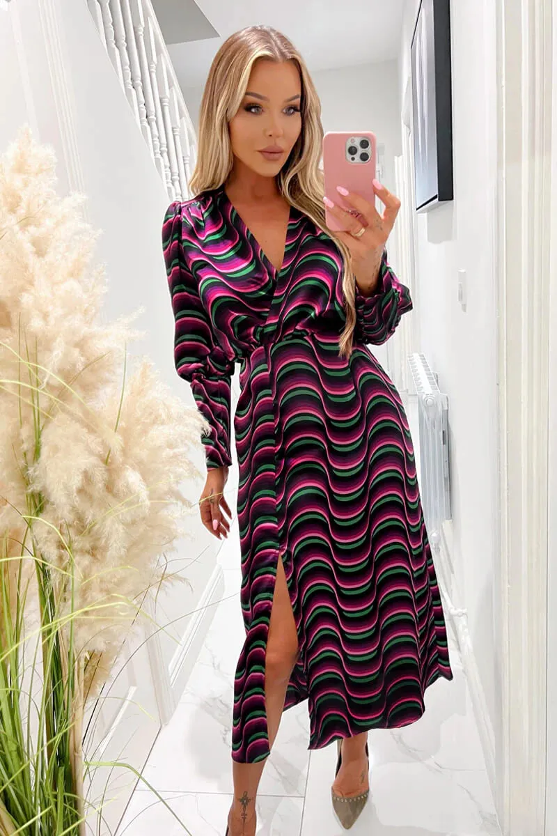 AX PARIS MULTI PRINTED LONG SLEEVE WRAP TOP MIDI DRESS