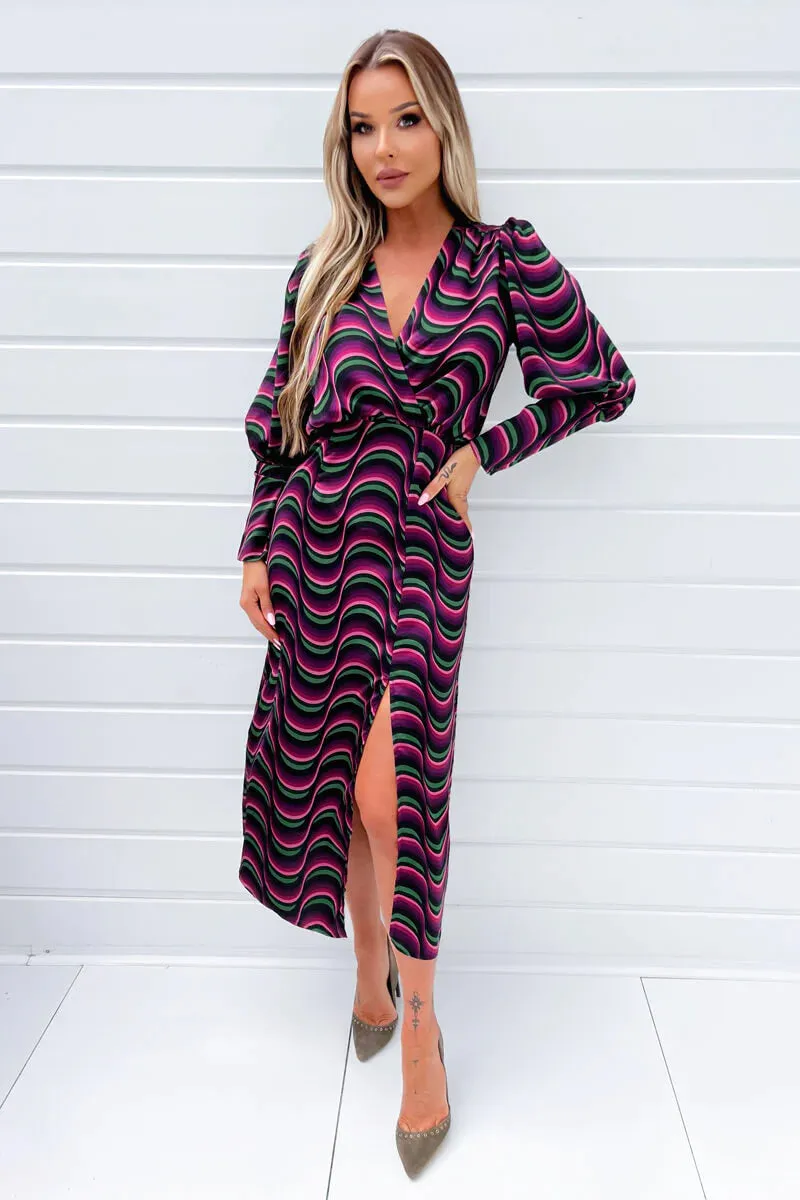 AX PARIS MULTI PRINTED LONG SLEEVE WRAP TOP MIDI DRESS