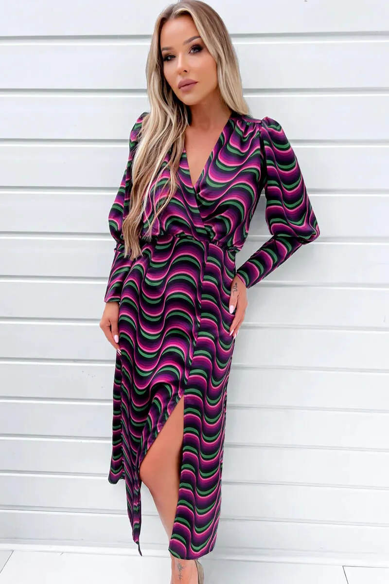 AX PARIS MULTI PRINTED LONG SLEEVE WRAP TOP MIDI DRESS