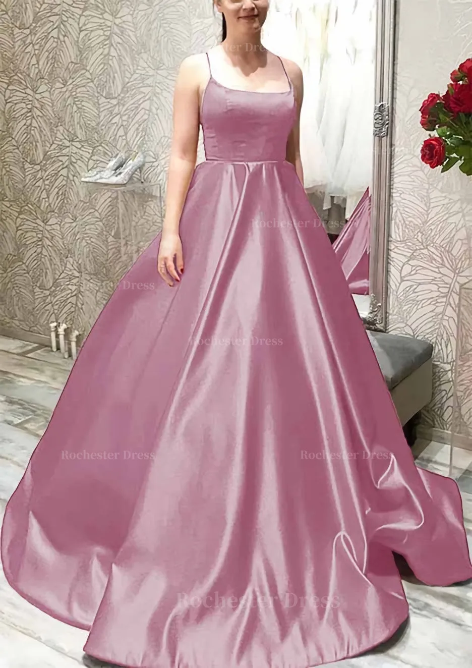 Ball Gown A-line Square Neckline Spaghetti Straps Sweep Train Satin Prom Dress With Pleated Pockets