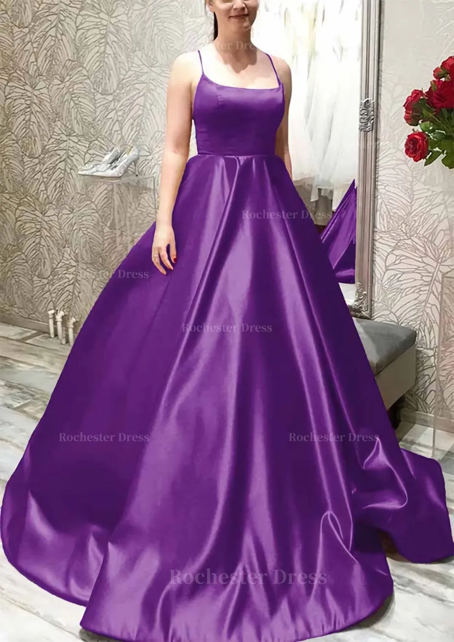 Ball Gown A-line Square Neckline Spaghetti Straps Sweep Train Satin Prom Dress With Pleated Pockets