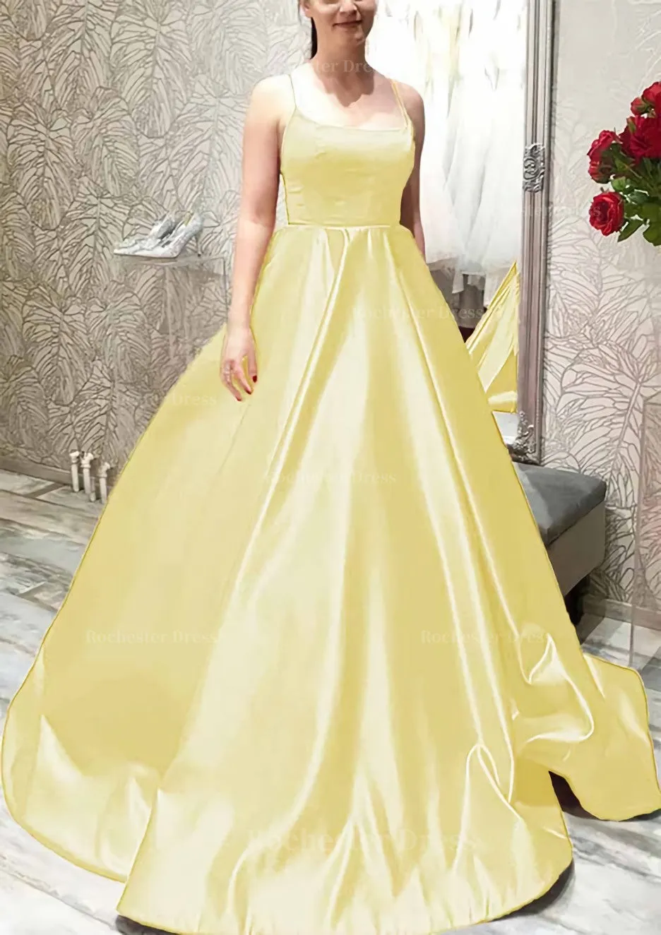 Ball Gown A-line Square Neckline Spaghetti Straps Sweep Train Satin Prom Dress With Pleated Pockets