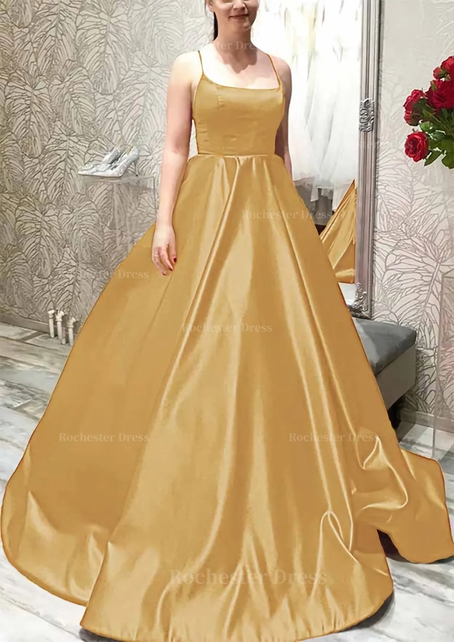 Ball Gown A-line Square Neckline Spaghetti Straps Sweep Train Satin Prom Dress With Pleated Pockets