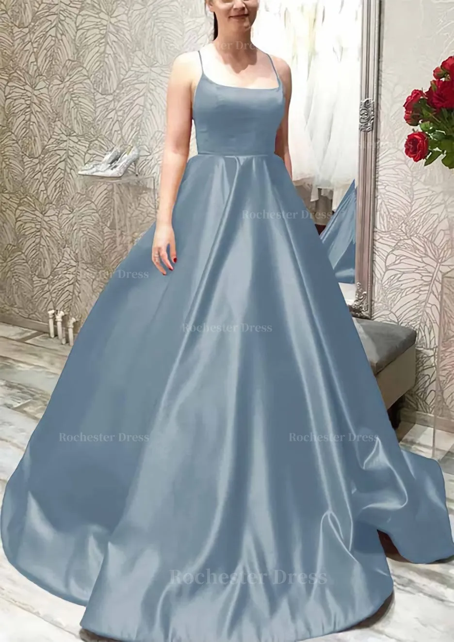 Ball Gown A-line Square Neckline Spaghetti Straps Sweep Train Satin Prom Dress With Pleated Pockets