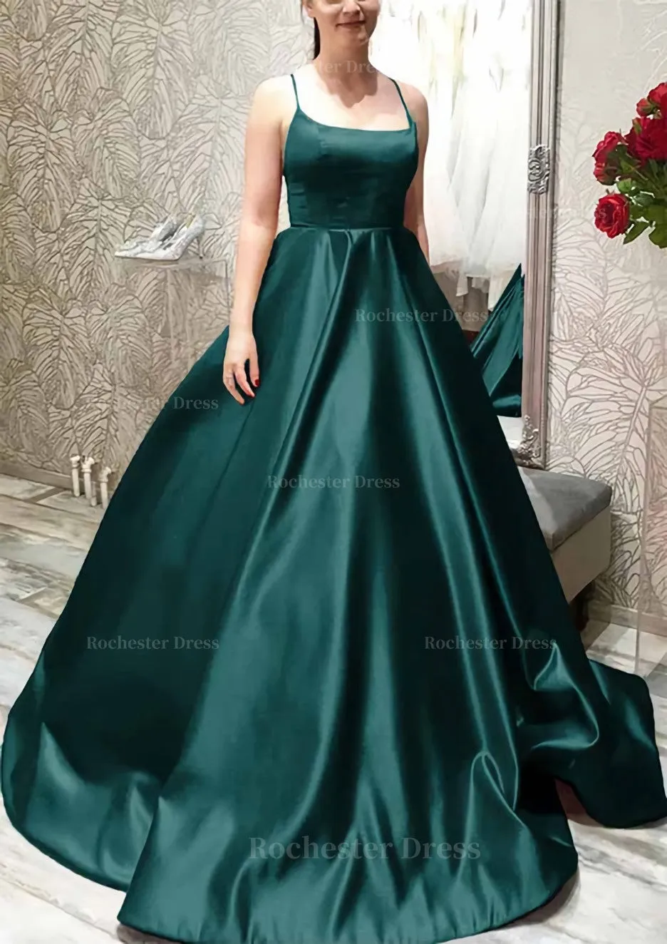 Ball Gown A-line Square Neckline Spaghetti Straps Sweep Train Satin Prom Dress With Pleated Pockets