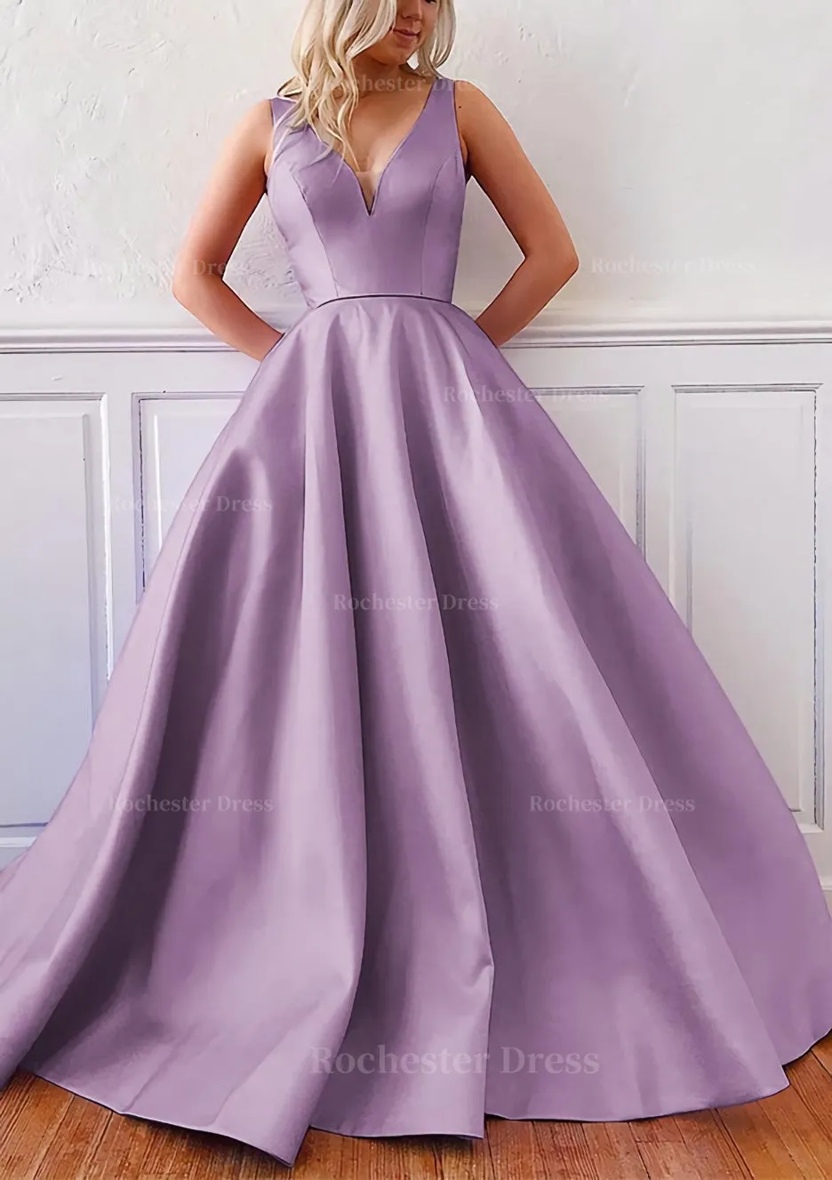 Ball Gown V Neck Sleeveless Satin Sweep Train Prom Dress